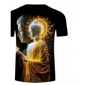 メンズ スタイリッシュ グラフィック Tシャツ - 鮮やかな仏陀デザイン、カジュアル＆快適なポリエステル クルーネック ティー、半袖、ブラックにゴールドの色合い、カジュアルな服装に最適、夏のファッショントップ | トレンディなカジュアルシャツ | スムーズなテクスチャー ティー