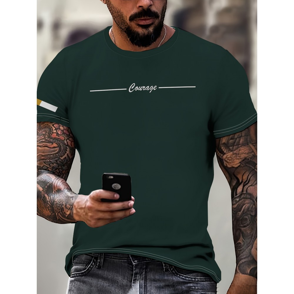 メンズ グリーンプリント Tシャツ、カジュアル クルーネック 半袖ティー、夏用ニットポリエステルトップ、通気性のある軽量素材、レギュラーフィット - 150gsm メンズ グリーンプリント Tシャツ、カジュアル クルーネック 半袖ティー、夏用ニットポリエステルトップ、通気性のある軽量素材、レギュラーフィット - 150gsm