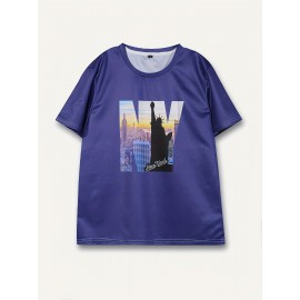 ニューヨークスカイライングラフィックメンズブルーショートスリーブTシャツ - スタチュオオフリバティ&シティスケープデザイン付きのカジュアルアウトドアティー、ポリエステル、ラウンドネック、夏用、カジュアルな夏用 | 都市カジュアルウェア | ポリエステル生地