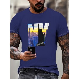 ニューヨークスカイライングラフィックメンズブルーショートスリーブTシャツ - スタチュオオフリバティ&シティスケープデザイン付きのカジュアルアウトドアティー、ポリエステル、ラウンドネック、夏用、カジュアルな夏用 | 都市カジュアルウェア | ポリエステル生地