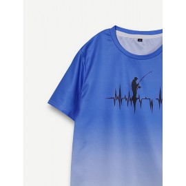 メンズ グラデーション フィッシング グラフィックTシャツ - 半袖、ハートビートライン デザイン、カジュアル ポリエステルブレンド、ブルーからライトブルーのオンブレ、洗濯機可、アウトドア釣りウェア