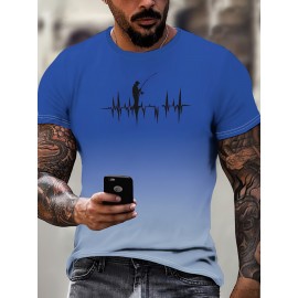 メンズ グラデーション フィッシング グラフィックTシャツ - 半袖、ハートビートライン デザイン、カジュアル ポリエステルブレンド、ブルーからライトブルーのオンブレ、洗濯機可、アウトドア釣りウェア