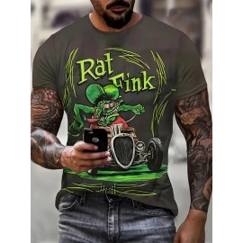 メンズサマーショートスリーブTシャツ、カジュアルクルーネックポリエステルTシャツ、ラットフィンクカートゥーンプリント、通気性&速乾ニットファブリック、サーフィン、ランニング、ホーム、ストリートウェア、フェスティバル用 - 100%ポリエステル140g/m²