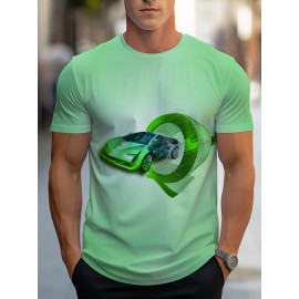メンズ クイックドライ アスレチックTシャツ - 軽量で通気性のあるメッシュ生地、レーシングカーのグラフィックデザイン、クルーネック半袖ティー、ランニング、サーフィン＆アウトドア活動用