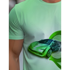メンズ クイックドライ アスレチックTシャツ - 軽量で通気性のあるメッシュ生地、レーシングカーのグラフィックデザイン、クルーネック半袖ティー、ランニング、サーフィン＆アウトドア活動用