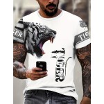 メンズ 軽量 通気性 ポリエステル タイガープリント 半袖Tシャツ - 大胆な「TIGER」グラフィックデザインのスタイリッシュな夏用カジュアルウェア、ホワイト
