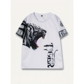 メンズ 軽量 通気性 ポリエステル タイガープリント 半袖Tシャツ - 大胆な「TIGER」グラフィックデザインのスタイリッシュな夏用カジュアルウェア、ホワイト