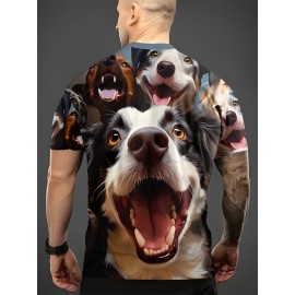 夏のメンアウトドアスポーツ快適クルーネック半袖、可愛い犬3DデジタルプリントTシャツ、日常着カジュアルTシャツ