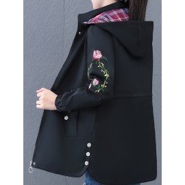 女性用ミドル丈フローラル刺繍トレンチコート - カジュアルなフード付きジャケット、ジッパークロージャー、長袖、装飾ボタン付き 春/秋向け