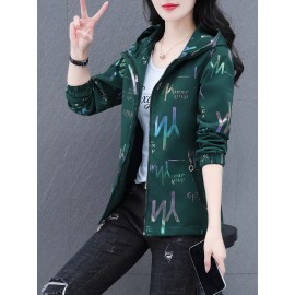女性用軽量パープルフード付きジャケット - カジュアルなジップアップカーディガン、ポケット付き、レタープリントデザイン、春/夏ファッション、ポリエステル、伸縮性のない生地、手洗いのみ