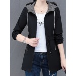 女性用カジュアルフード付きジッパープレースジャケット、ソリッドカラー、長袖、ミディ丈、ポリエステル100%裏地、春/秋用、新着、中年ママ向け